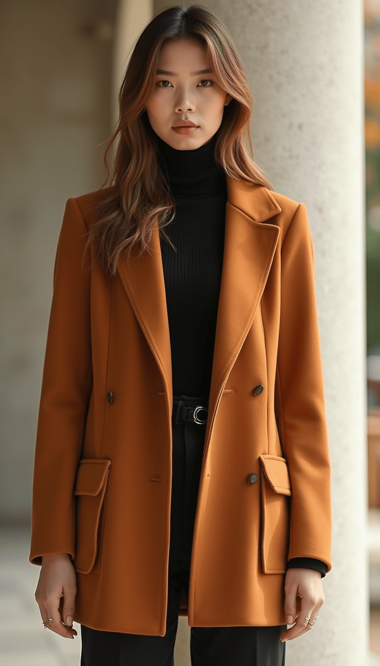Close-up of a stylish blazer coat featuring a collar and pocket details, with vibrant autumn hues and crisp fabric textures, styled in a minimalist, fashion-forward setting with natural lighting invigorating the scene.