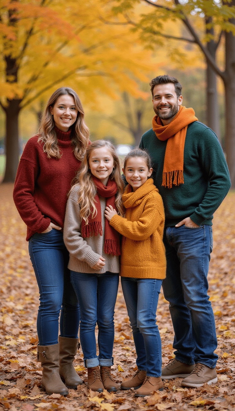 A vibrant fall outdoor scene featuring a family dressed in coordinated autumn outfits with warm earthy tones, cozy sweaters, scarves, and stylish accessories, with colorful leaves in the background, captured in bright natural light, emphasizing a cheerful and fashionable mood.