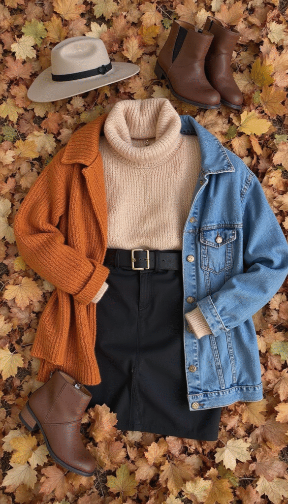 A flat lay of five stylish fall outfits with cozy sweaters, high-waisted jeans, boots, and layered accessories in warm earthy tones, on a rustic wooden table.