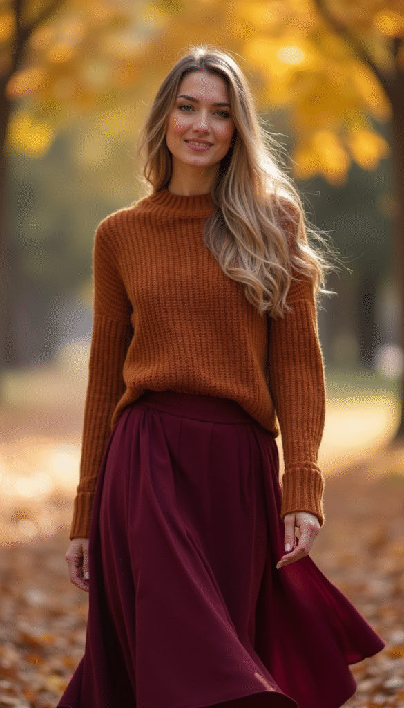 A stylish model wearing a flowy burgundy skirt paired with a cozy cream sweater, autumn leaves scattered in the background, warm natural lighting, fashionable and festive mood, focused on fall fashion.