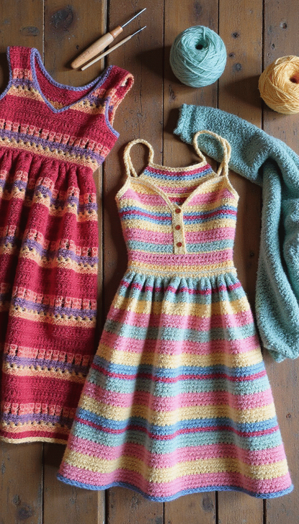 Colorful crochet maxi dresses displayed flat on a rustic wooden surface, with yarn balls and crochet hooks around, bright natural lighting creating a cheerful and cozy atmosphere, focus on intricate crochet patterns and vibrant hues.