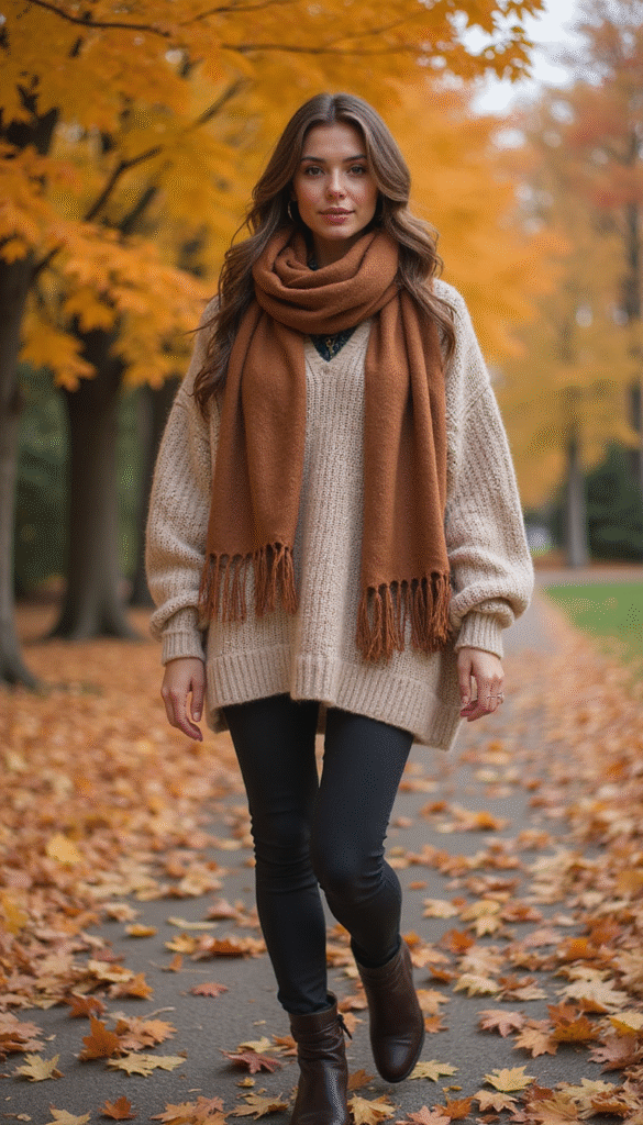 A vibrant fall scene featuring a model wearing a cozy oversized sweater, stylish boots, and a scarf, with colorful autumn leaves in warm tones background, capturing a confident and fashionable fall vibe with a soft, inviting light.