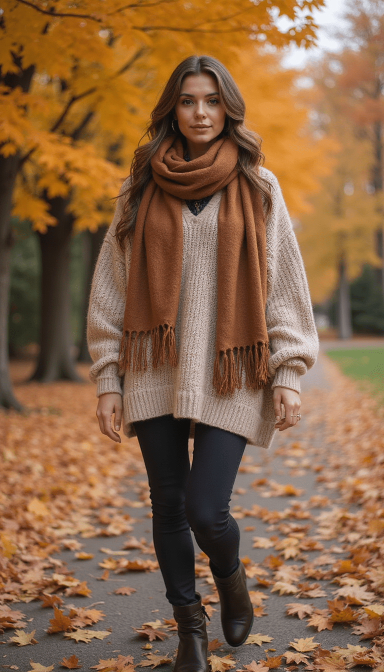 A vibrant fall scene featuring a model wearing a cozy oversized sweater, stylish boots, and a scarf, with colorful autumn leaves in warm tones background, capturing a confident and fashionable fall vibe with a soft, inviting light.
