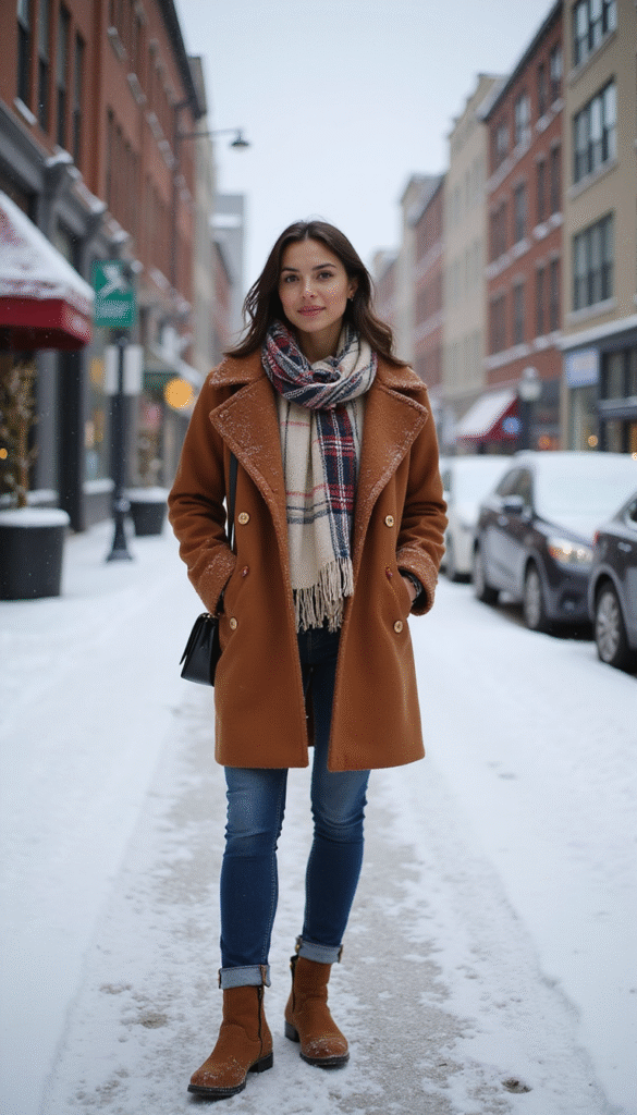 A fashionable woman in a stylish winter coat and accessories standing against a snowy cityscape background, vibrant colors with cozy textures, stylish mood