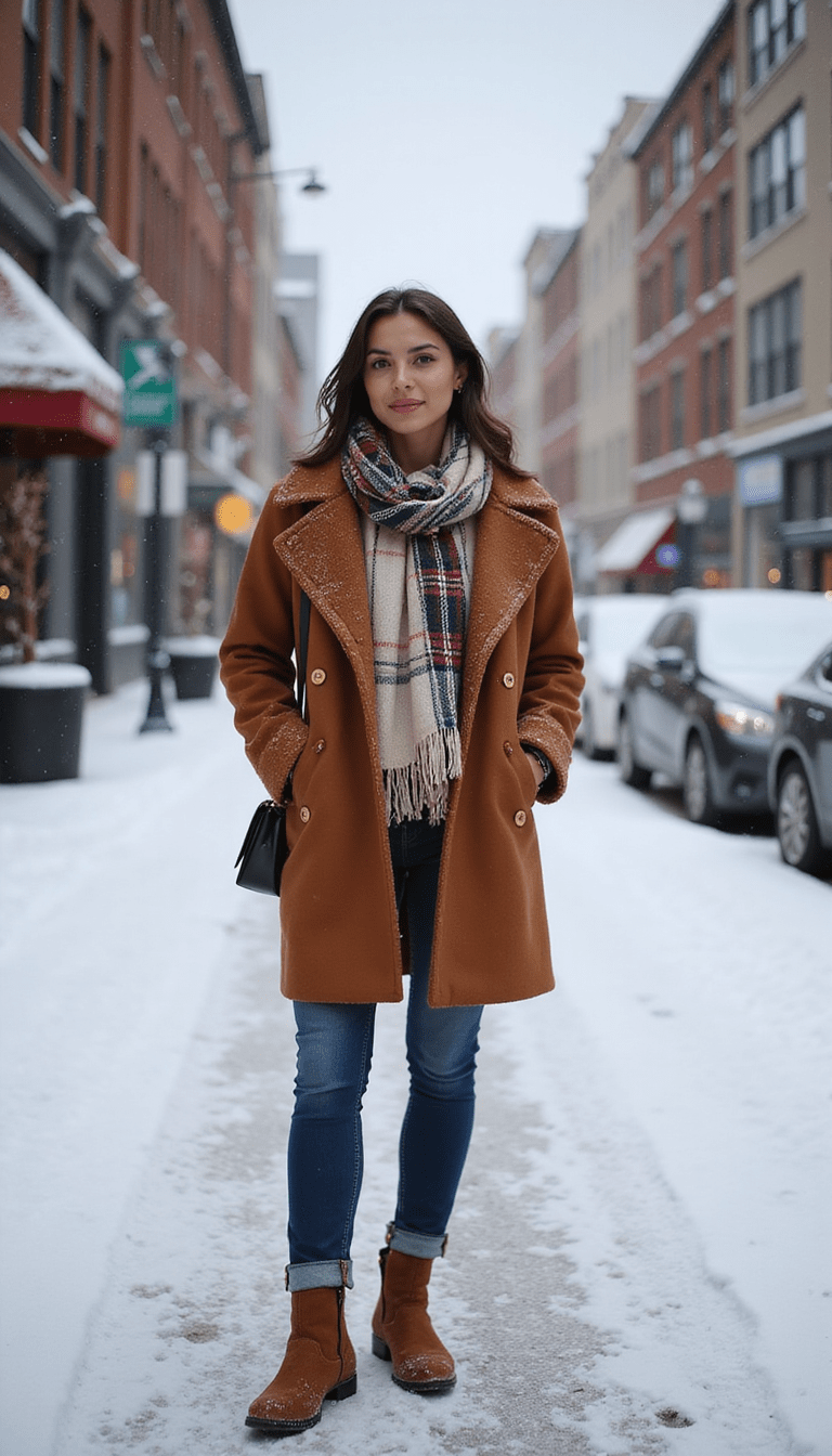 A fashionable woman in a stylish winter coat and accessories standing against a snowy cityscape background, vibrant colors with cozy textures, stylish mood