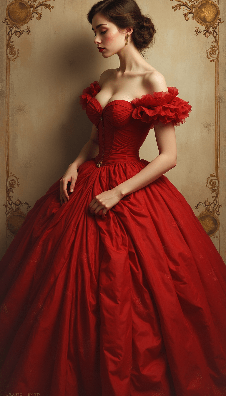 Elegant vintage woman portrait wall art featuring a woman in a red ball gown, displayed on a neutral-toned wall with warm lighting, styled in a classic, artistic manner with rich reds and soft creams, creating a nostalgic and sophisticated atmosphere.