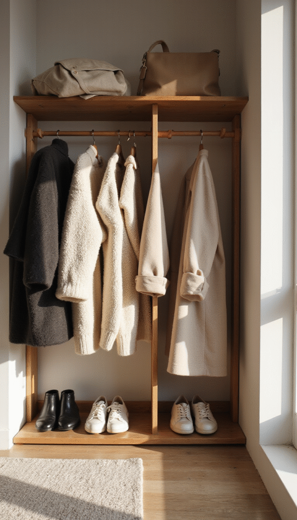 A minimalist winter wardrobe display with neatly organized coats, sweaters, and accessories in neutral tones, styled with soft natural lighting and a cozy aesthetic
