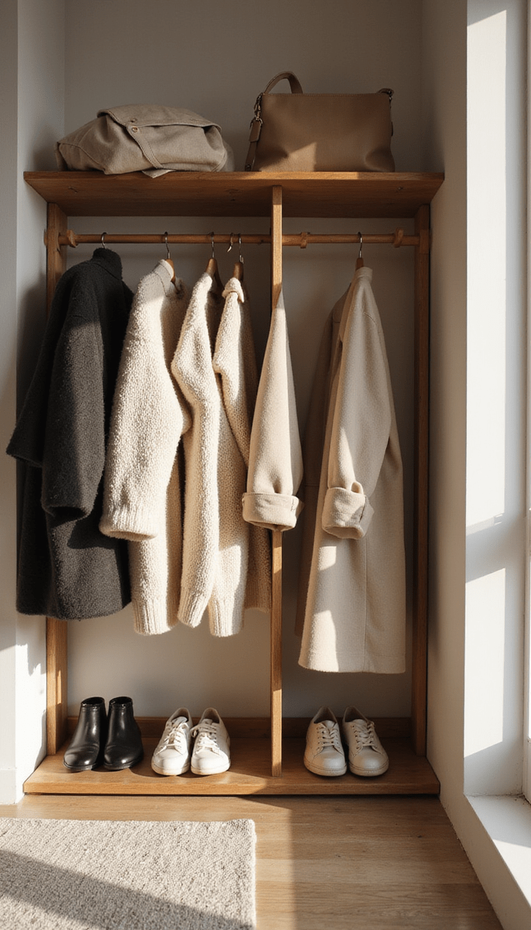 A minimalist winter wardrobe display with neatly organized coats, sweaters, and accessories in neutral tones, styled with soft natural lighting and a cozy aesthetic