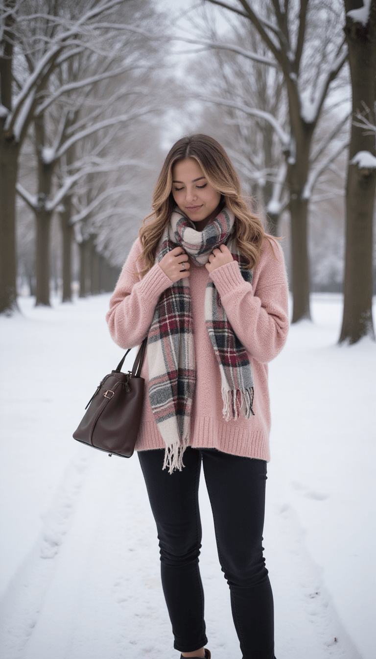 A vibrant winter scene featuring a stylish girl wearing a pastel pink sweater, a plaid scarf, black jeans, and trendy boots, standing amidst snow-covered trees with a soft-focus background, in a cozy, inviting style with warm colors and natural light