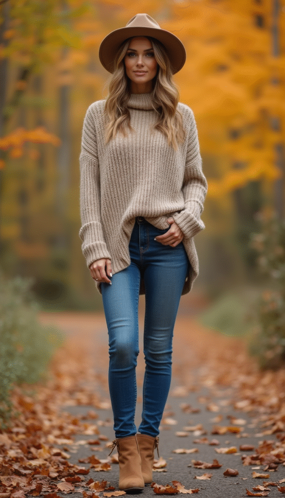 A stylish woman wearing a cozy caramel-colored sweater, high-waisted jeans, and ankle boots, standing in a sunlit autumn park with colorful leaves, soft warm tones, casual yet chic aesthetic.