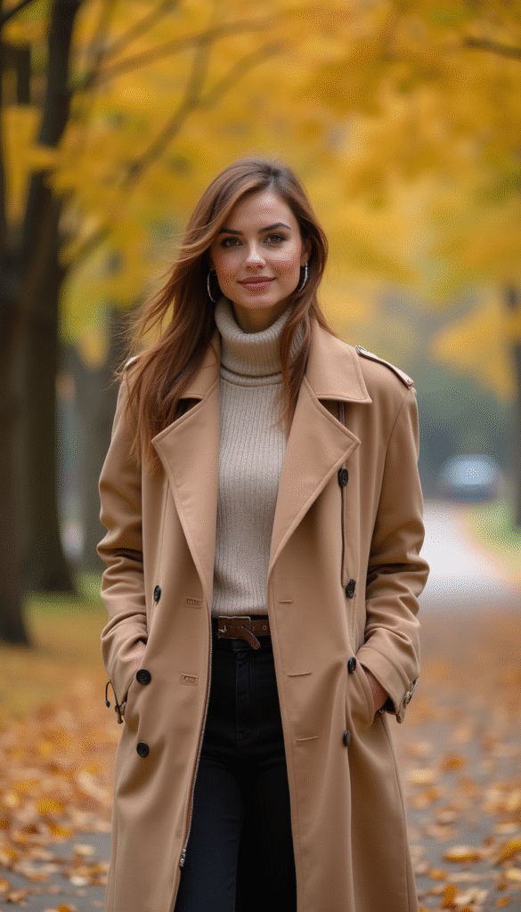 A sophisticated woman in a stylish, neutral-toned outfit standing confidently outdoors during fall, with warm autumn leaves in the background, captured in a bright, elegant photography style