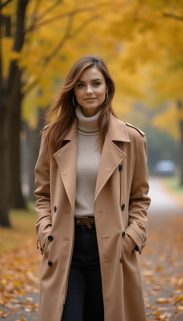 A sophisticated woman in a stylish, neutral-toned outfit standing confidently outdoors during fall, with warm autumn leaves in the background, captured in a bright, elegant photography style