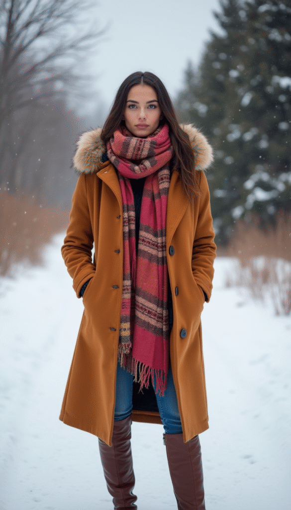 Imagem vibrante de uma mulher estilosa usando um sobretudo vermelho, cachecóis coloridos e botas de cano alto, com uma paisagem de Gramado ao fundo cheia de árvores e casas cobertas de neve, estilo acolhedor e contemporâneo, cores quentes e atmosfera de inverno convidativa