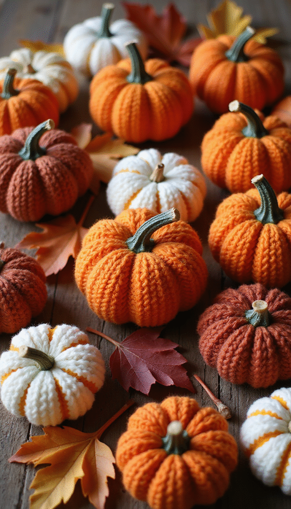 A cozy, vibrant display of knitted and crochet fall patterns featuring warm-toned yarns, pumpkins, and autumn leaves, styled in a soft, inviting setting with warm lighting.