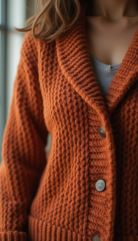 A close-up of a woman wearing a chunky knitted cardigan in earthy tones, with soft yarns and detailed stitches, styled casually in a cozy indoor setting, warm lighting, autumn theme