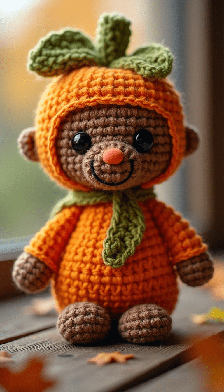 Colorful crochet mini pumpkin man amigurumi with orange, green, and brown yarns, placed on a rustic wooden surface with fall leaves in the background, styled with soft natural lighting and a cozy, festive mood.