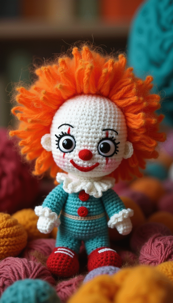 Colorful close-up of a handmade Pennywise amigurumi crochet doll with bright orange hair, yellow eyes, and a mischievous smile, set against a soft pastel background with a cozy and whimsical style.