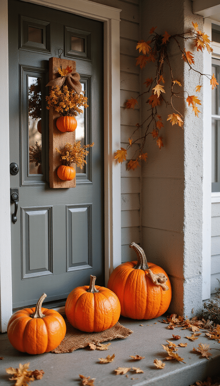 Colorful autumn-themed pumpkin door hangers made from wood and burlap with vibrant orange, green, and brown hues, styled in a cozy setting with fall leaves and warm lighting, focused on the handcrafted details
