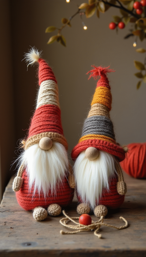 Colorful DIY rope gnomes crafted with vibrant threads and natural jute, set against a cozy wooden background with soft lighting, exuding a playful yet rustic mood.