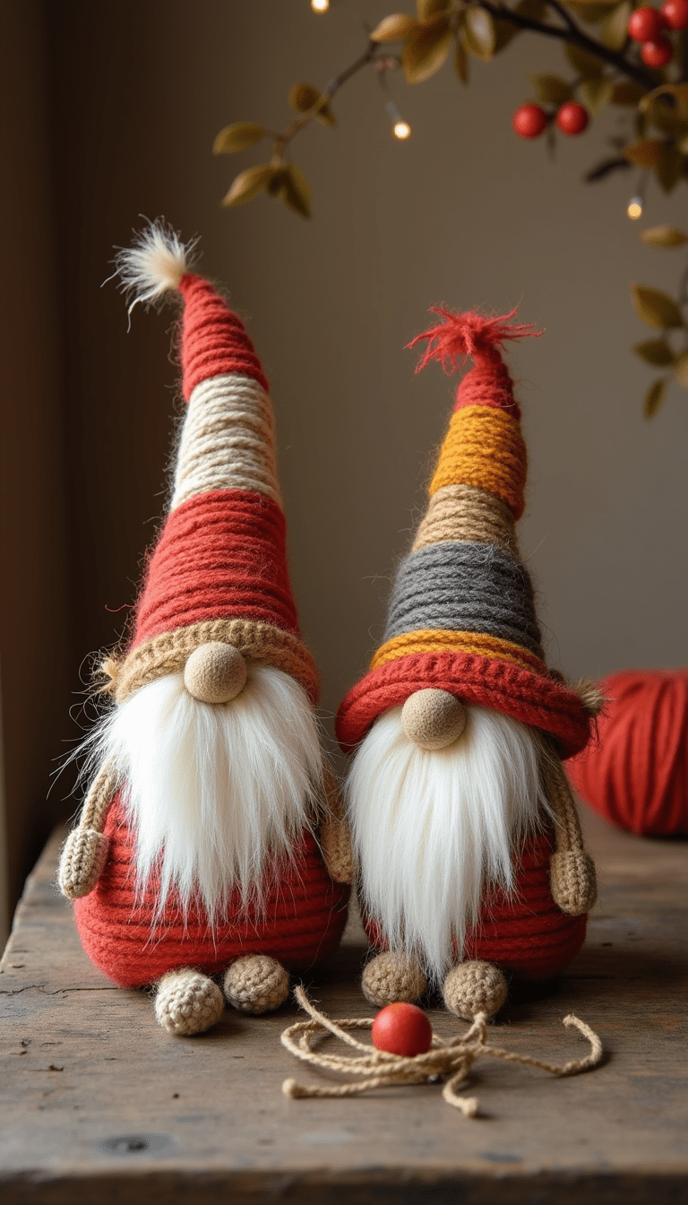 Colorful DIY rope gnomes crafted with vibrant threads and natural jute, set against a cozy wooden background with soft lighting, exuding a playful yet rustic mood.