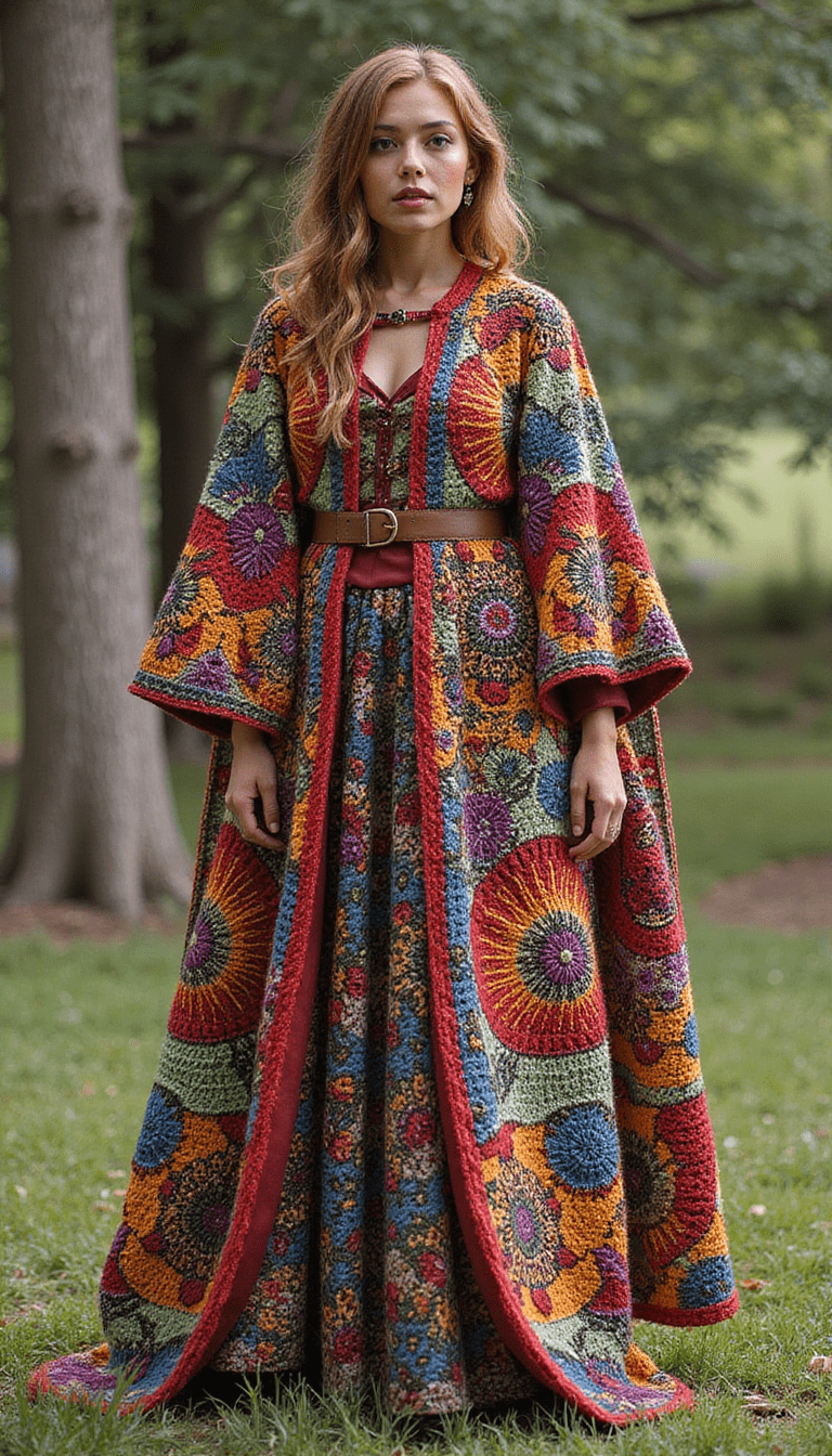 A vibrant full-length crochet cloak with intricate patterns displayed on a mannequin outdoors, surrounded by fairy lights and greenery, capturing a whimsical and enchanted mood with vivid colors and detailed craftsmanship.