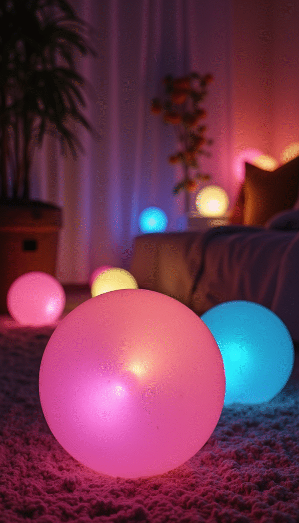 A vibrant close-up of glowing bubble lamps with multicolored LED lights, floating in a cozy dimly lit room, showcasing their translucent spherical design and magical glow, in a warm and inviting style