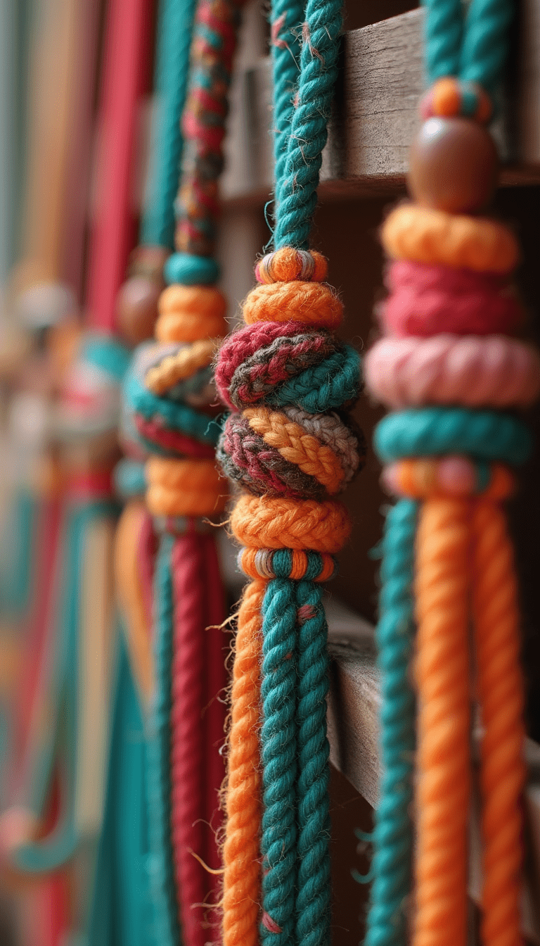 Close-up of beautifully crafted macrame jewelry hanging on a rustic wooden display, showcase vibrant threads in warm earthy tones, intricate knots, and detailed bead accents, styled in a bright natural light setting with a soft-focus background.