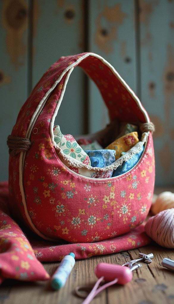 Brightly colored crescent bag sewn with crisp white thread, displayed on a wooden surface with sewing tools and fabric in the background, vibrant and inviting style, clear focus on the detailed stitching and curved shape.