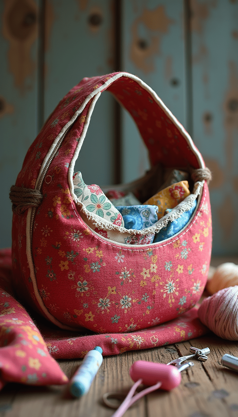 Brightly colored crescent bag sewn with crisp white thread, displayed on a wooden surface with sewing tools and fabric in the background, vibrant and inviting style, clear focus on the detailed stitching and curved shape.