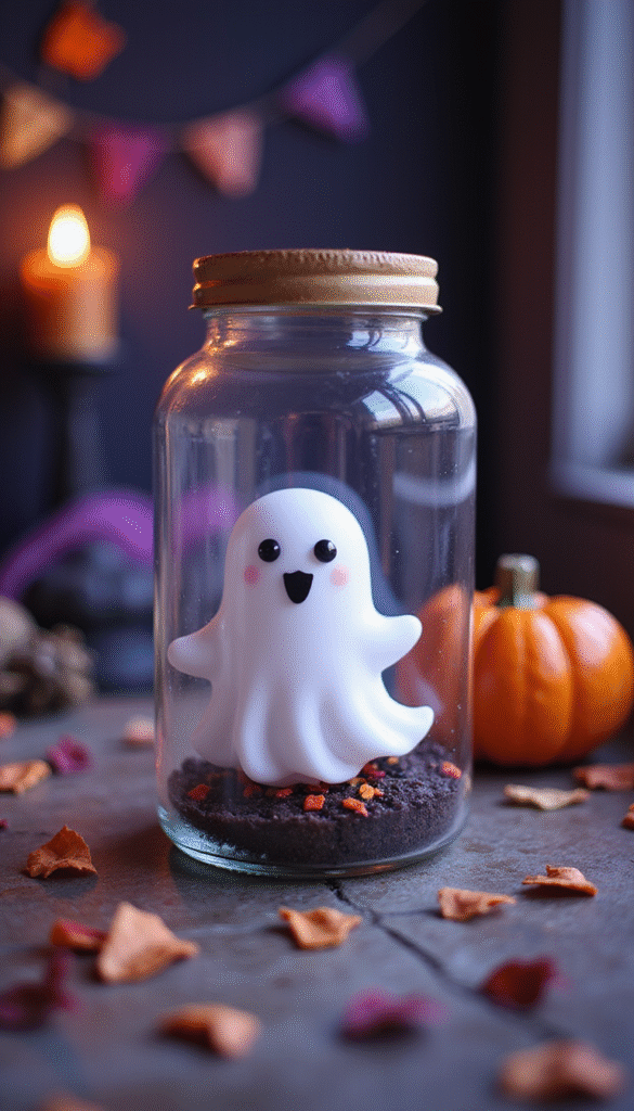 A whimsical pet ghost inside a clear glass jar with a spooky background, colorful Halloween decorations, soft lighting, and playful mood
