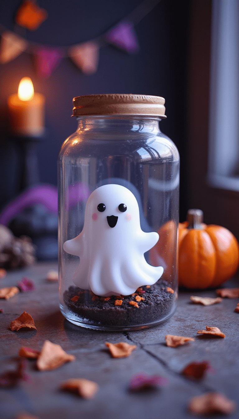 A whimsical pet ghost inside a clear glass jar with a spooky background, colorful Halloween decorations, soft lighting, and playful mood