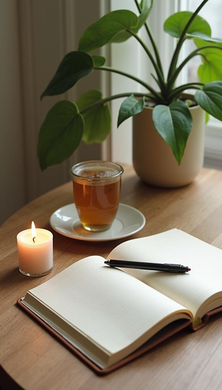 A calming scene featuring a cozy setup with candles, a journal, herbal tea, and lush green plants in soft natural lighting, styled in a minimalist aesthetic.