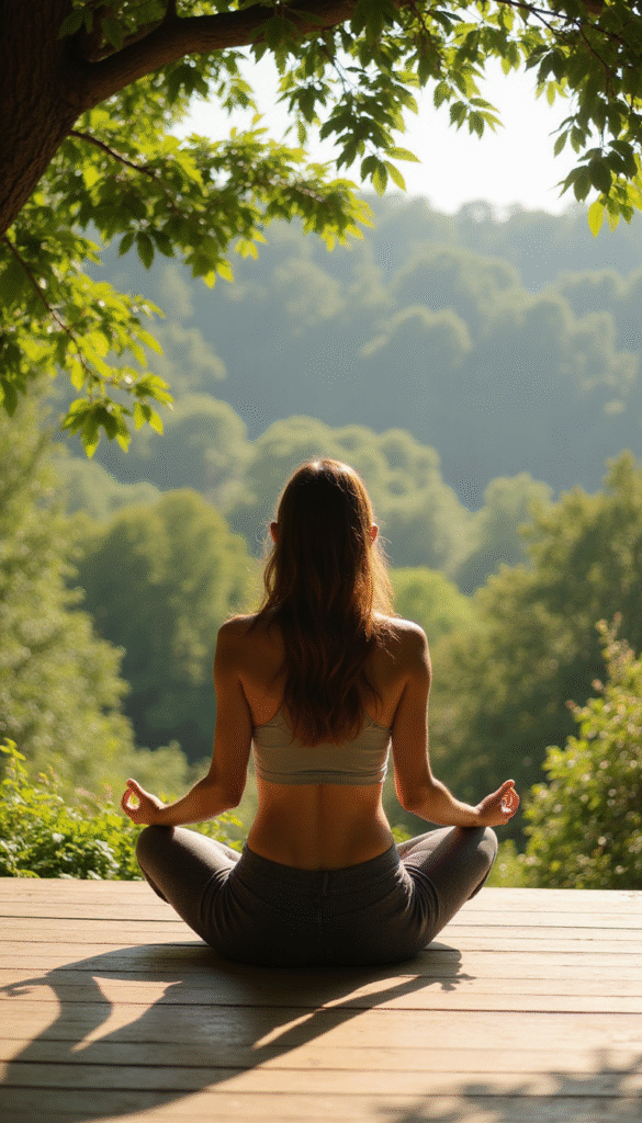 A vibrant, inviting scene featuring a person meditating on a wooden deck surrounded by lush greenery, soft sunlight filters through trees, pastel colors evoke calmness, and the overall mood is peaceful and inspiring.