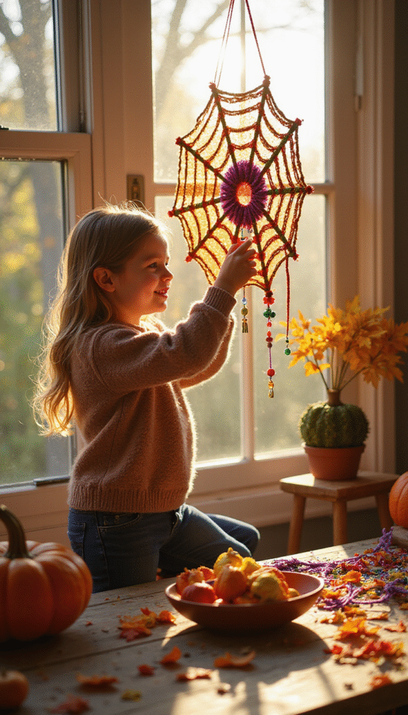 Colorful and intricate spider web suncatcher hanging in a bright window, with sunlight illuminating the delicate web details in vivid reds, oranges, and yellows, evoking a festive and cheerful mood, focused on the handmade craft with a blurred background.