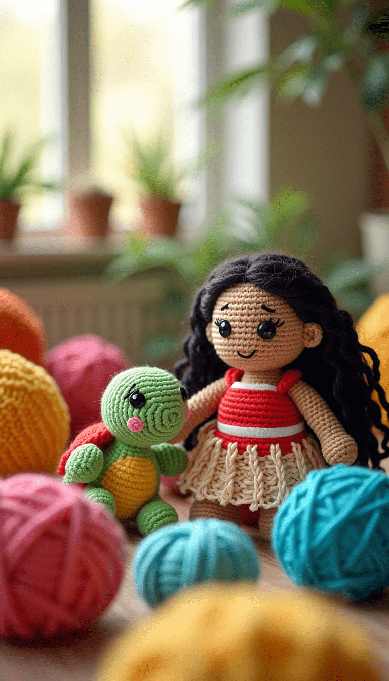 Vivid and detailed close-up of a hand-stitched Amigurumi Moana character alongside a cute turtle, colorful yarns, soft lighting, whimsical style, charming and playful mood, focused on the adorable crocheted dolls