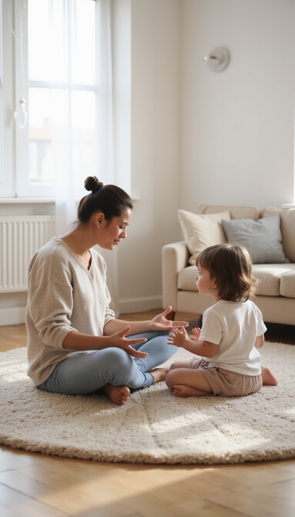A serene scene of a parent and child practicing meditation together in a sunlit room, soft pastel colors, calm and focused mood, centered around bonding and mindfulness.