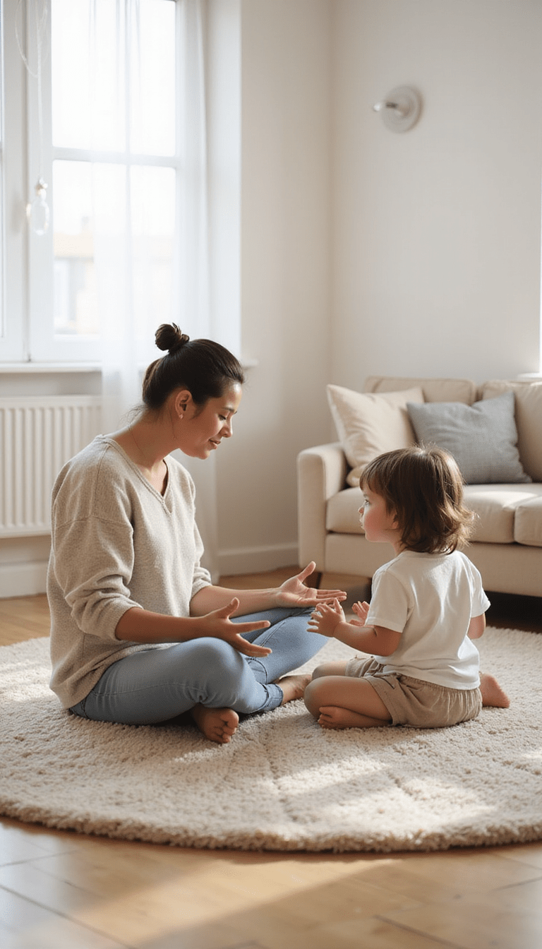 A serene scene of a parent and child practicing meditation together in a sunlit room, soft pastel colors, calm and focused mood, centered around bonding and mindfulness.