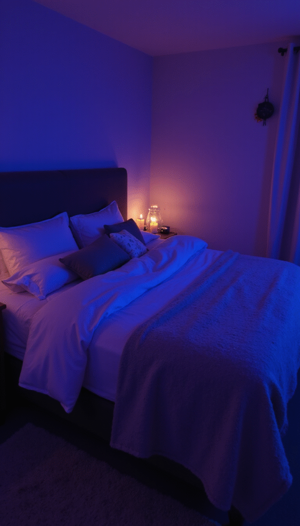 A serene bedroom scene with soft purple and blue lighting, a cozy bed with plush pillows, calming candles, and a peaceful atmosphere conveying relaxation and sleep preparation.