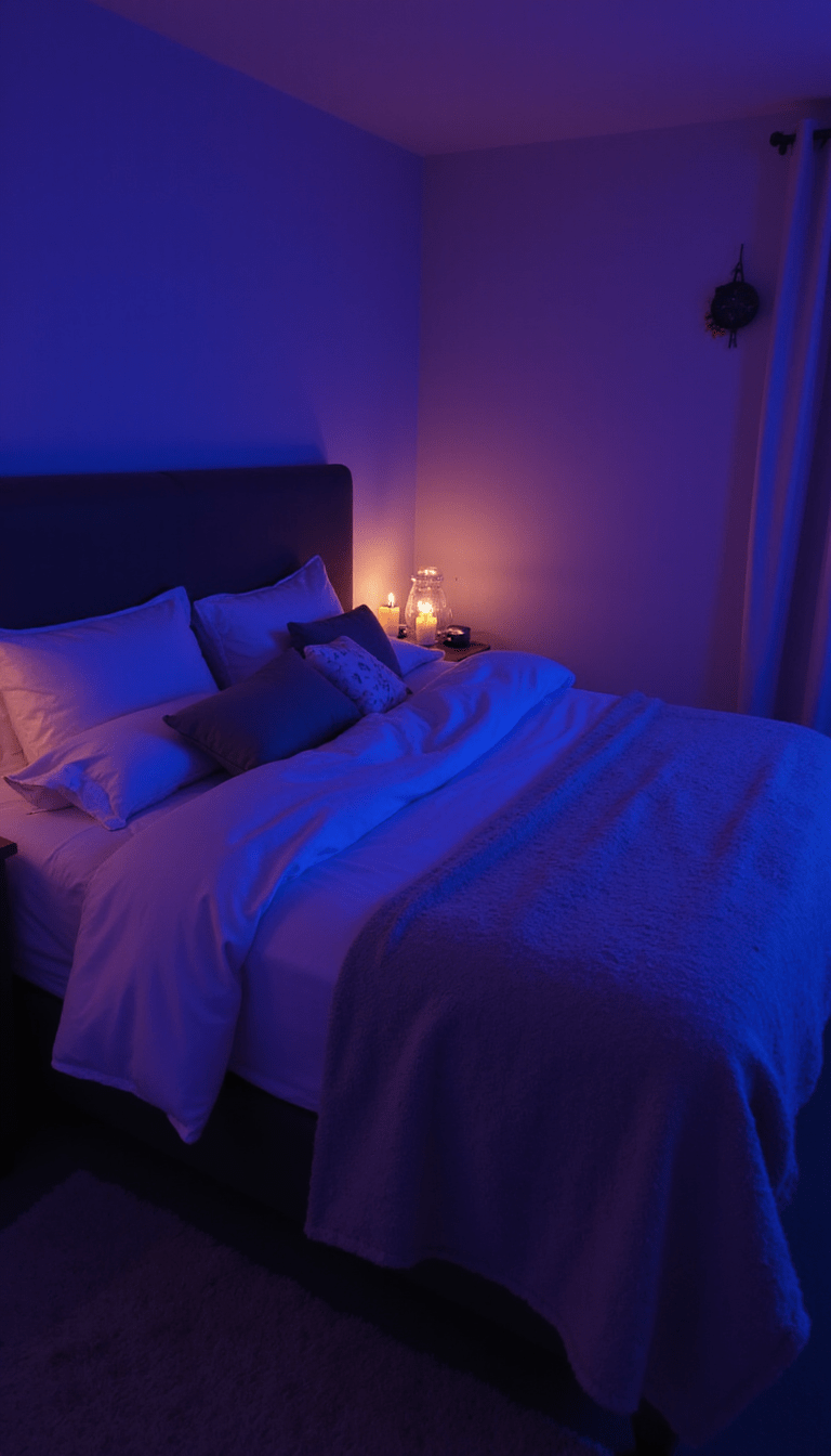 A serene bedroom scene with soft purple and blue lighting, a cozy bed with plush pillows, calming candles, and a peaceful atmosphere conveying relaxation and sleep preparation.