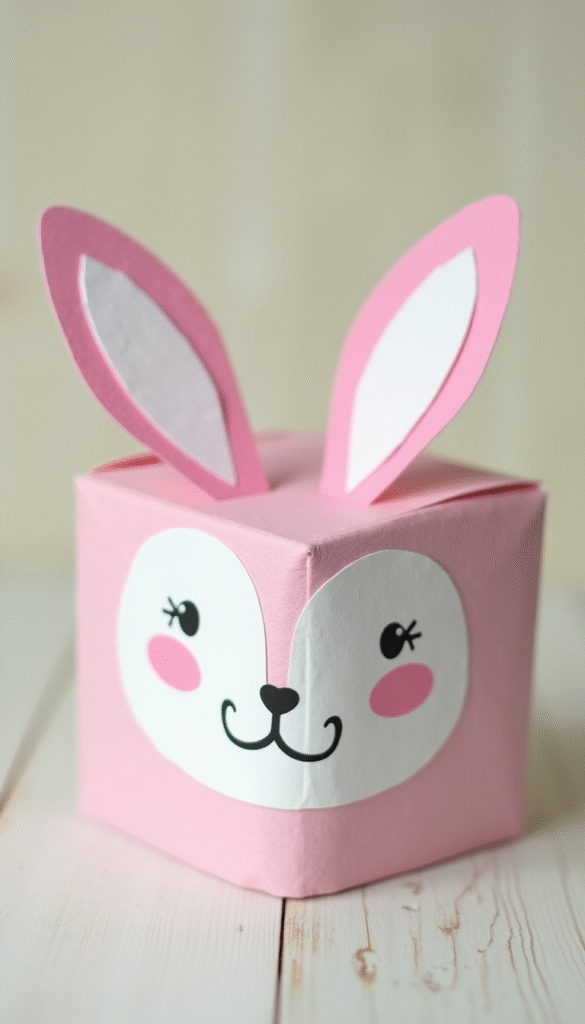 A vibrant, colorful paper bunny gift box with a cute bunny face, pastel pink and white accents, playful design, set against a light wooden background with crafting tools nearby