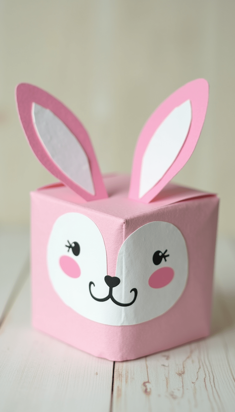 A vibrant, colorful paper bunny gift box with a cute bunny face, pastel pink and white accents, playful design, set against a light wooden background with crafting tools nearby