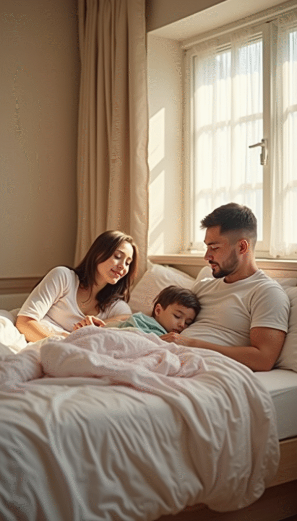 A warm, cozy bedroom scene with a family of four peacefully sleeping, soft lighting, pastel colors, relaxed mood, focus on neatly made beds and calm atmosphere