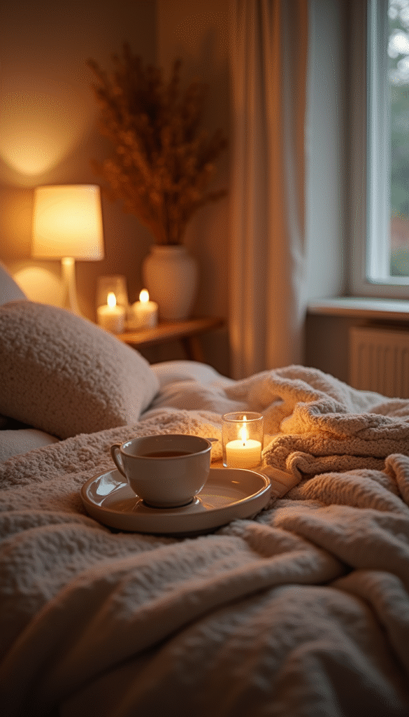 A calming evening scene featuring soft ambient lighting, a cozy bed with plush pillows, a cup of herbal tea, and relaxing candles in warm tones, styled in a tranquil, inviting mood.