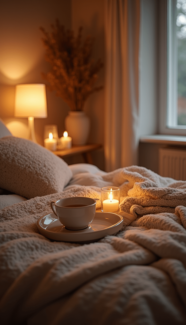 A calming evening scene featuring soft ambient lighting, a cozy bed with plush pillows, a cup of herbal tea, and relaxing candles in warm tones, styled in a tranquil, inviting mood.