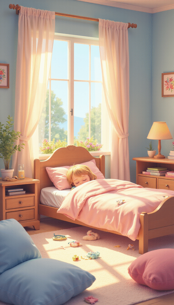 Colorful illustration of a cozy child's bedroom with a young child lying in bed, soft nightlight glowing, calming decor, and a family member reading a bedtime story, creating a warm, peaceful mood.