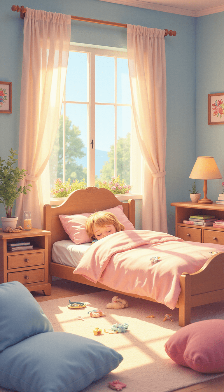Colorful illustration of a cozy child's bedroom with a young child lying in bed, soft nightlight glowing, calming decor, and a family member reading a bedtime story, creating a warm, peaceful mood.
