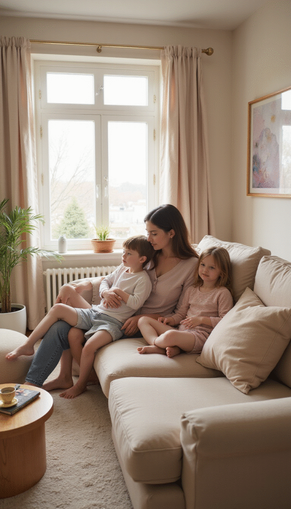A cozy and inviting family living room with soft warm lighting, a family of four sitting together on a plush sofa, children playing with calming toys, and a mother reading a book, all in soothing pastel colors creating a peaceful and harmonious atmosphere.