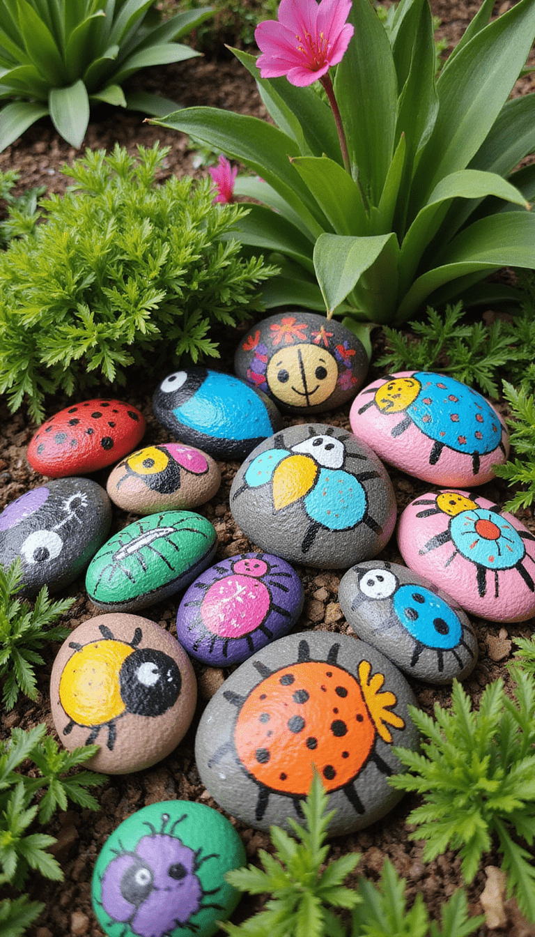 Close-up of colorful painted rocks with bug designs arranged in a garden setting, vibrant colors, detailed illustrations, combined with lush greenery and blooming flowers, in a bright and cheerful outdoor mood, focus on the artistic craftsmanship of the painted bugs.