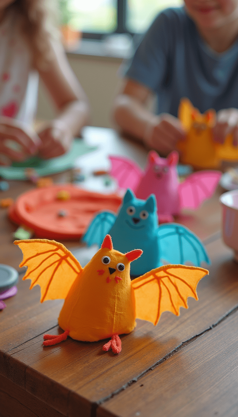 Colorful coffee filter bats crafted by children, with vibrant black, purple, and orange shades, displayed on a light wooden table with a cheerful, playful mood
