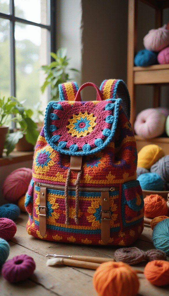 A vibrant, colorful crochet backpack with intricate patterns rests on a rustic wooden surface, surrounded by yarn and knitting tools, set in warm natural lighting, evoking a cozy, crafty, and modern vibe.
